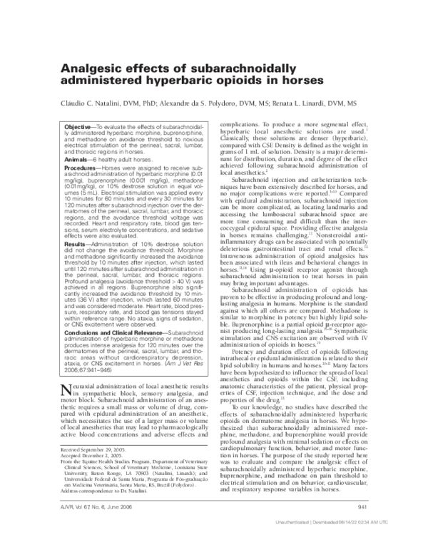 Analgesic effects of subarachnoidally administered hyperbaric opioids in horses