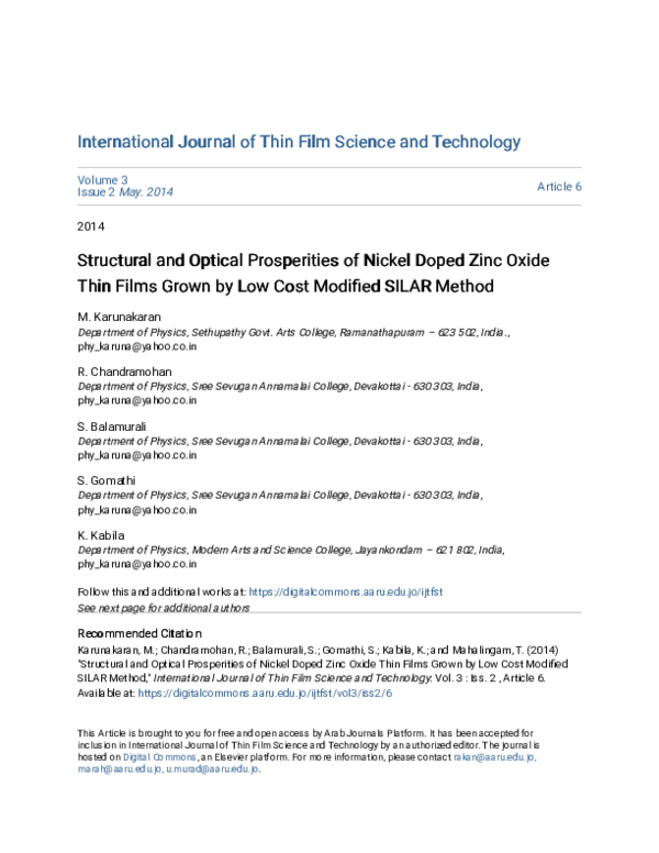 (PDF) Structural and Optical Prosperities of Nickel Doped Zinc Oxide ...