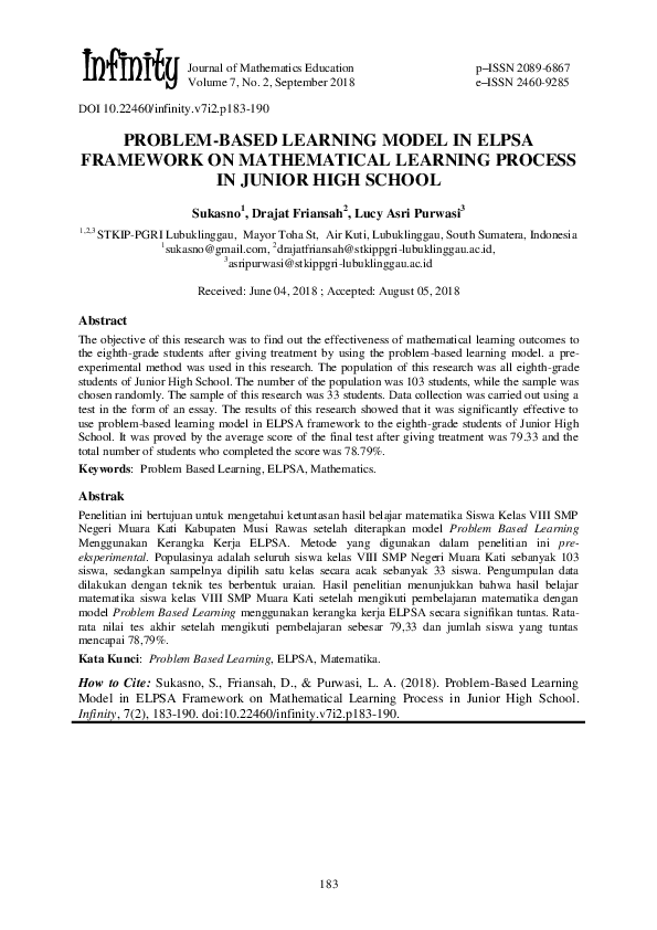 (PDF) Problem-Based Learning Model in Elpsa Framework on Mathematical ...