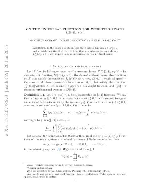 (PDF) On the universal function for weighted spaces $L^{p}_{\mu}[0,1 ...
