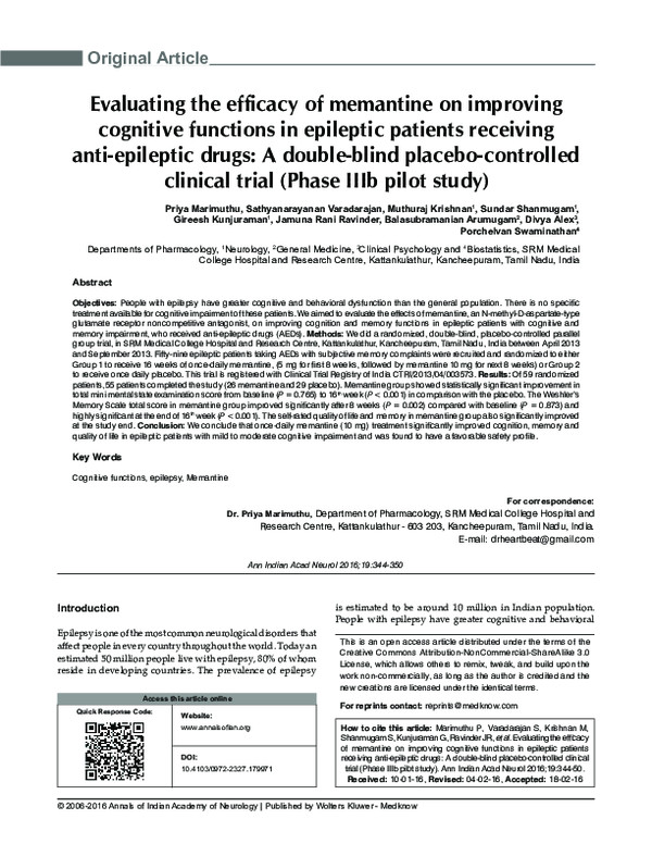 (PDF) Evaluating the efficacy of memantine on improving cognitive ...