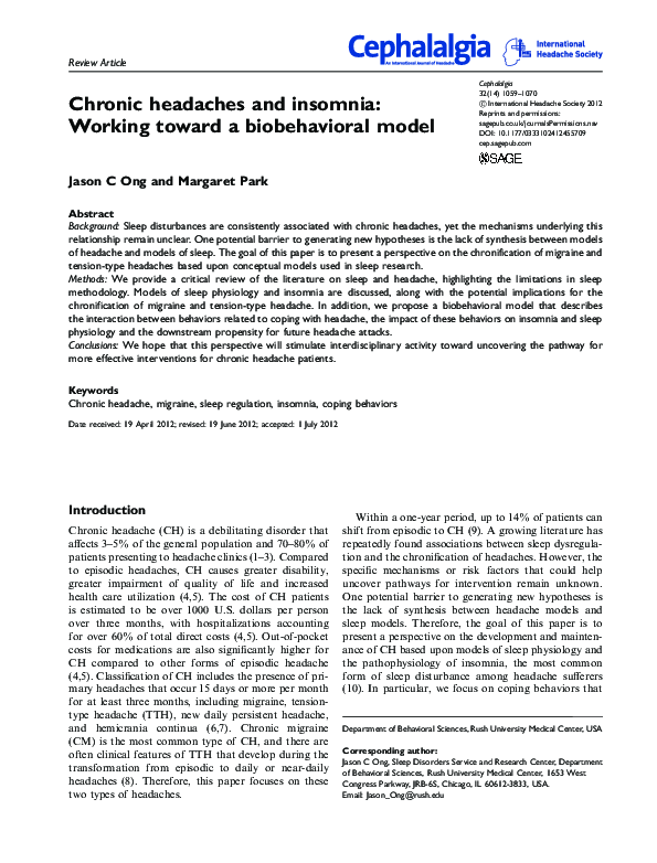 (PDF) Chronic headaches and insomnia: Working toward a biobehavioral model
