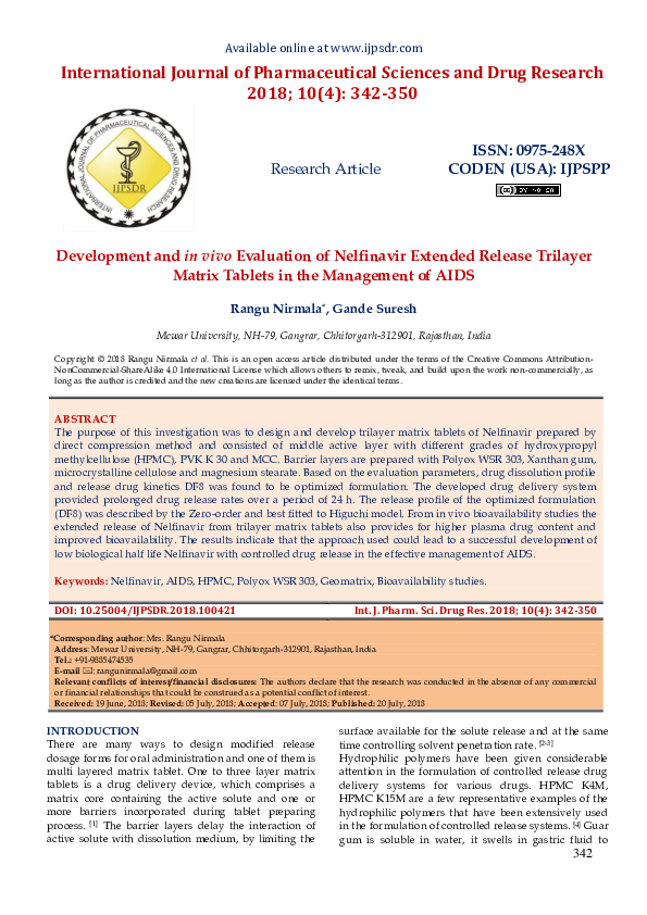 (PDF) Development and in vivo Evaluation of Nelfinavir Extended Release ...