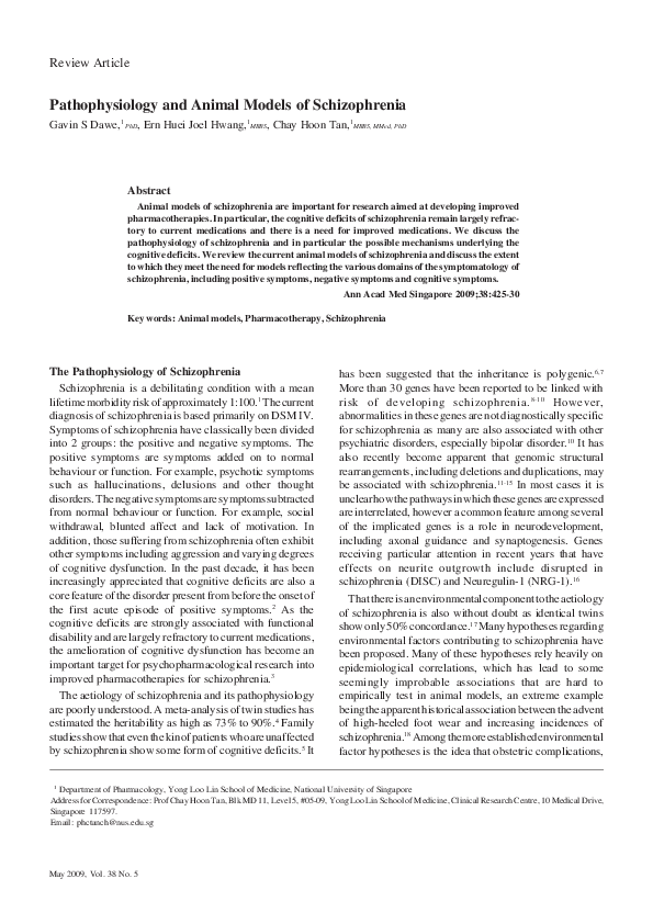 (PDF) Pathophysiology and Animal Models of Schizophrenia Gavin Dawe