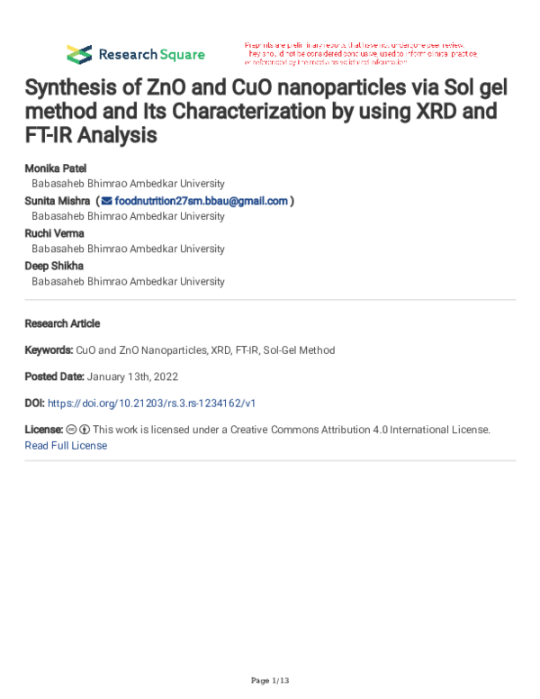 (PDF) Synthesis of ZnO and CuO Nanoparticles via Sol Gel Method and Its ...