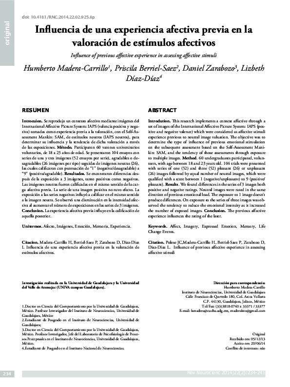 Influencia de una experiencia afectiva previa en la valoración de estímulos afectivos