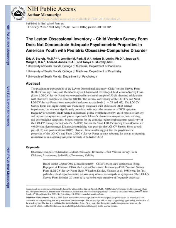 (PDF) The Leyton Obsessional Inventory-Child Version Survey Form does ...