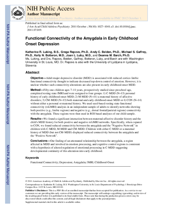 (PDF) Functional Connectivity of the Amygdala in Early-Childhood-Onset ...
