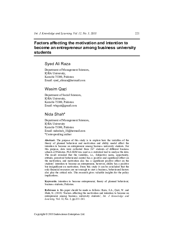 (PDF) Factors affecting the motivation and intention to become an ...