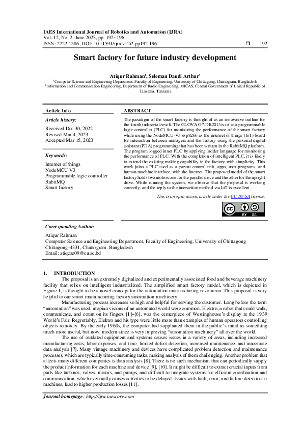 (PDF) Smart factory for future industry development