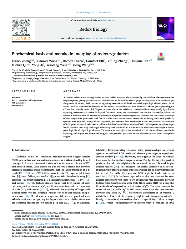 (PDF) Biochemical basis and metabolic interplay of redox regulation