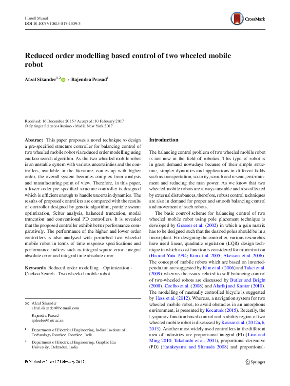 (PDF) Reduced order modelling based control of two wheeled mobile robot