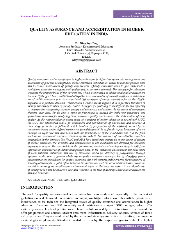 (PDF) Quality assurance and accreditation in higher education: India ...