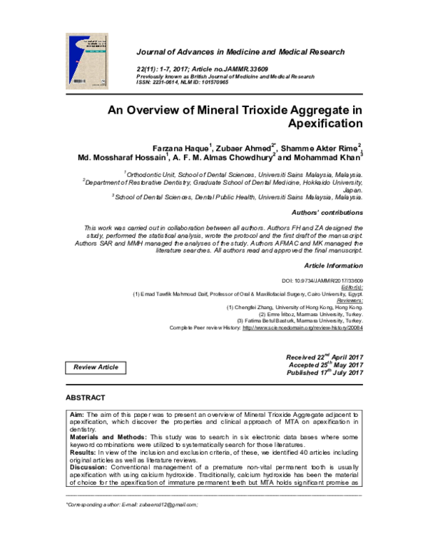 (PDF) An Overview of Mineral Trioxide Aggregate in Apexification