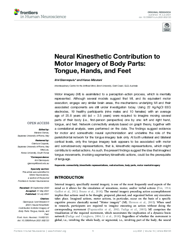 (PDF) Neural Kinesthetic Contribution to Motor Imagery of Body Parts ...