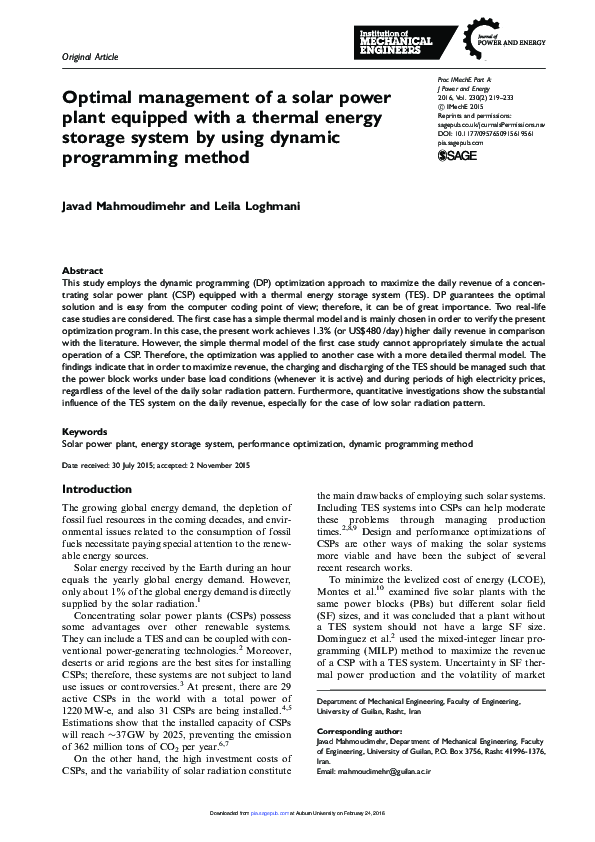(PDF) Optimal management of a solar power plant equipped with a thermal ...