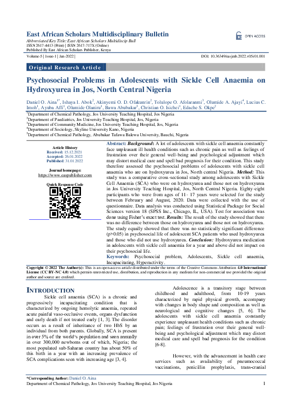 (PDF) Psychosocial Problems in Adolescents with Sickle Cell Anaemia on ...