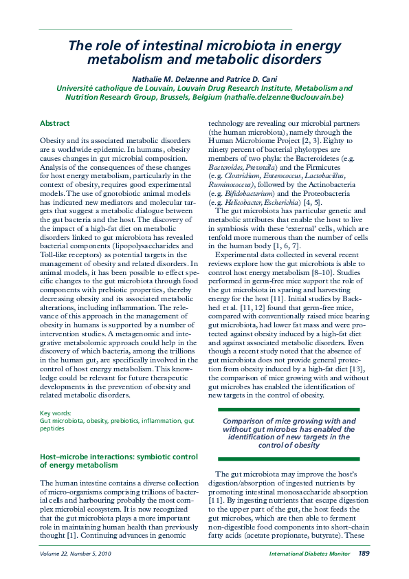 (PDF) The role of intestinal microbiota in energy metabolism and ...