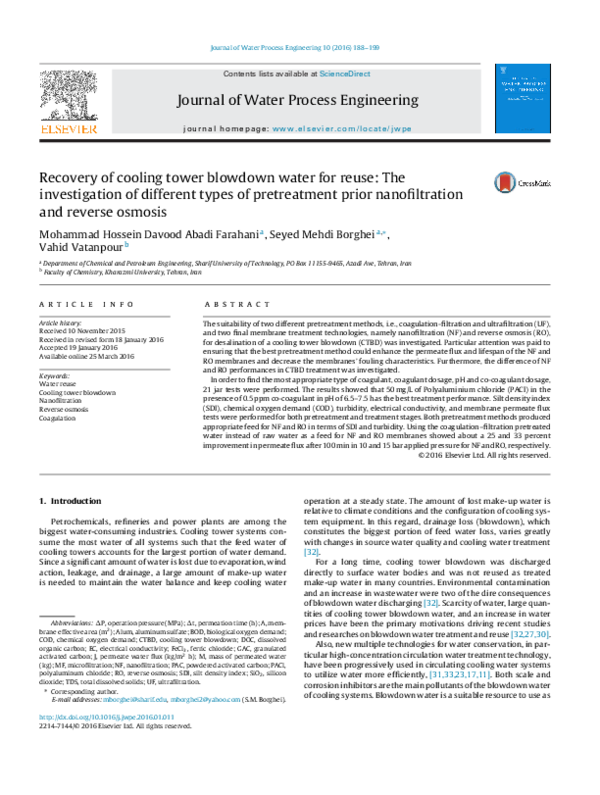 (PDF) Recovery of cooling tower blowdown water for reuse: The ...