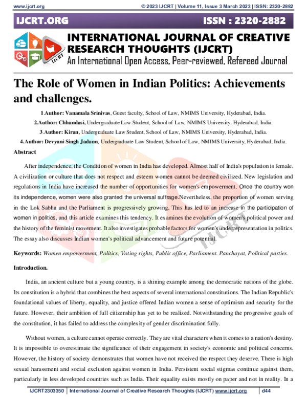(PDF) The Role of Women in Indian Politics: Achievements and challenges