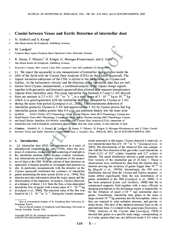 (PDF) Cassini between Venus and Earth: Detection of interstellar dust
