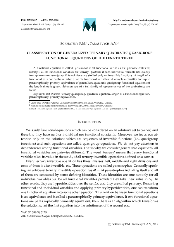 (PDF) Classification of generalized ternary quadratic quasigroup ...