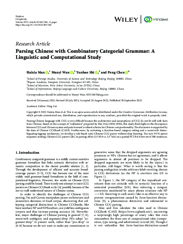 (PDF) Parsing Chinese with Combinatory Categorial Grammar: A Linguistic ...