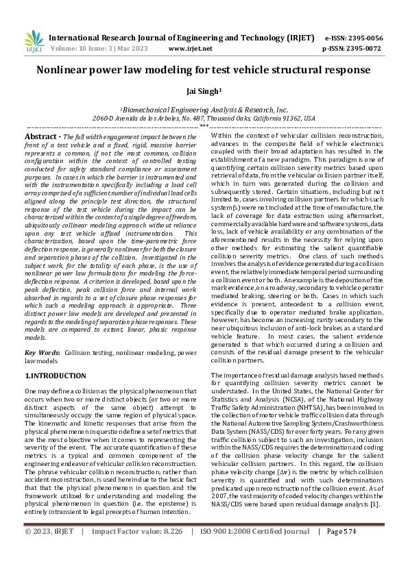 (PDF) Nonlinear power law modeling for test vehicle structural response