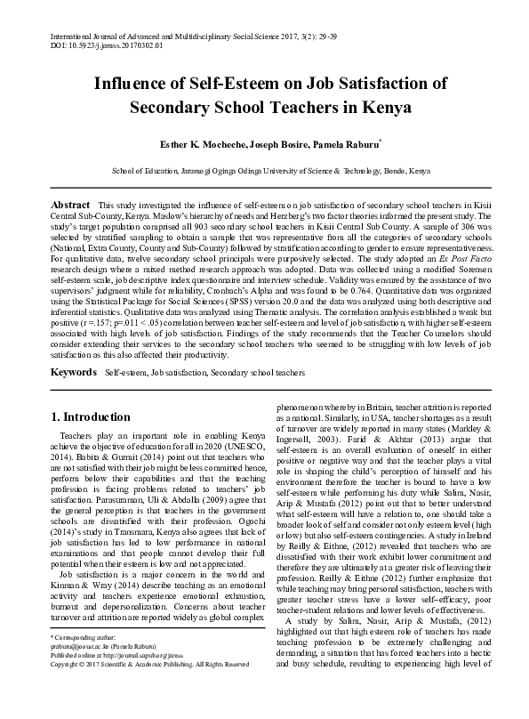 (PDF) Influence of Self-Esteem on Job Satisfaction of Secondary School ...