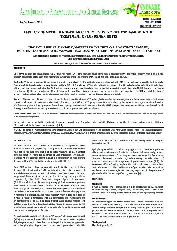 (PDF) EFFICACY OF MYCOPHENOLATE MOFETIL VERSUS CYCLOPHOSPHAMIDE IN THE ...