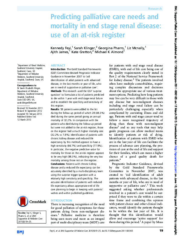 (PDF) Predicting palliative care needs and mortality in end stage renal ...