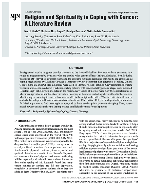 (PDF) Religion and Spirituality in Coping with Cancer among Muslims: A ...
