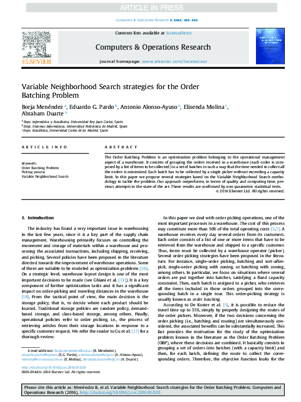 (PDF) Variable Neighborhood Search strategies for the Order Batching ...