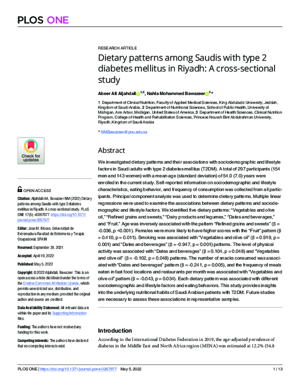 (PDF) Dietary patterns among Saudis with type 2 diabetes mellitus in ...