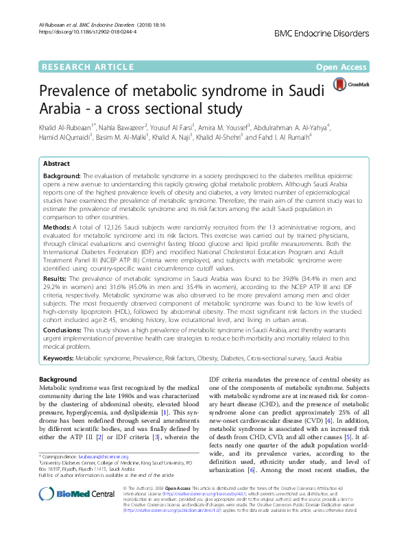 (PDF) Prevalence of metabolic syndrome in Saudi Arabia - a cross ...