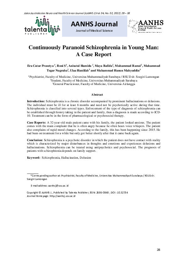 (PDF) Continuously Paranoid Schizophrenia in Young Man: A Case Report