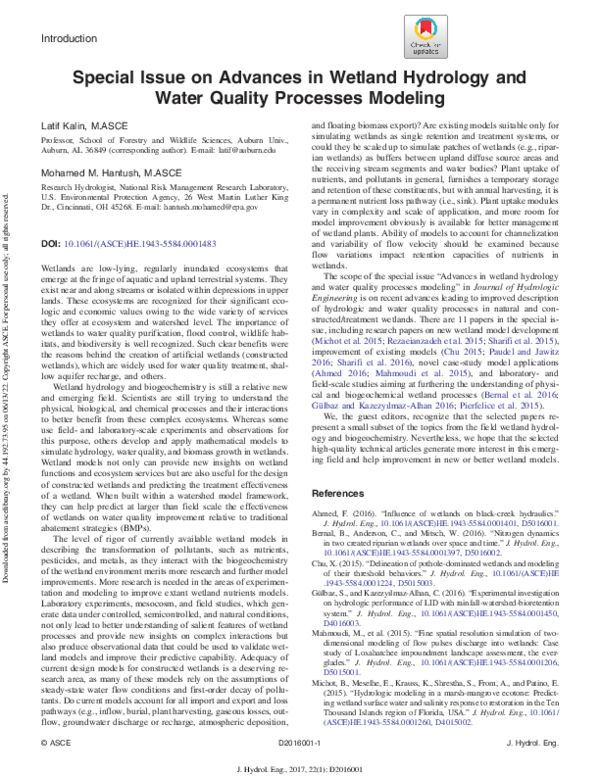 (PDF) Special Issue on Advances in Wetland Hydrology and Water Quality ...