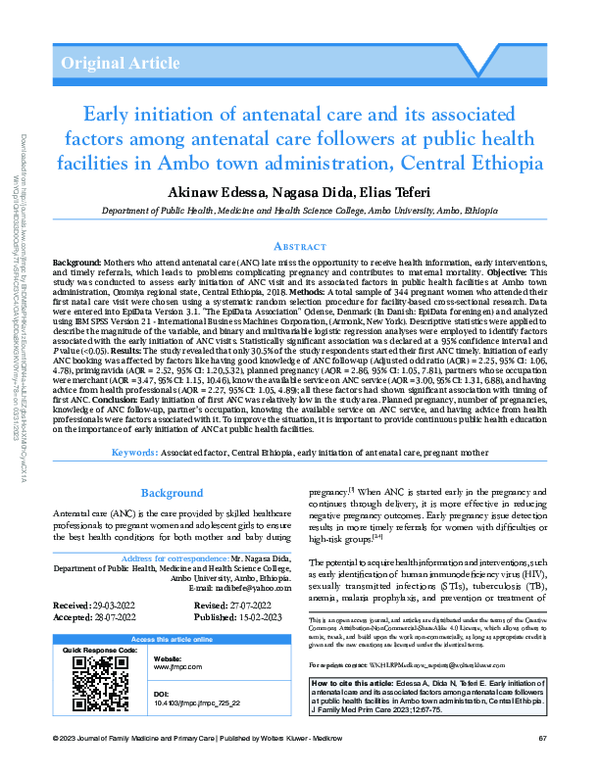 (PDF) Early initiation of antenatal care and its associated factors ...