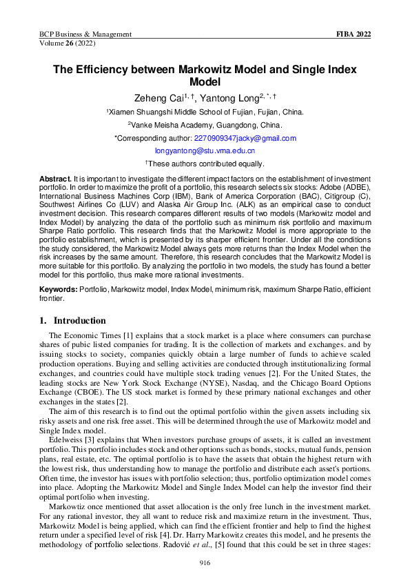 (PDF) The Efficiency between Markowitz Model and Single Index Model