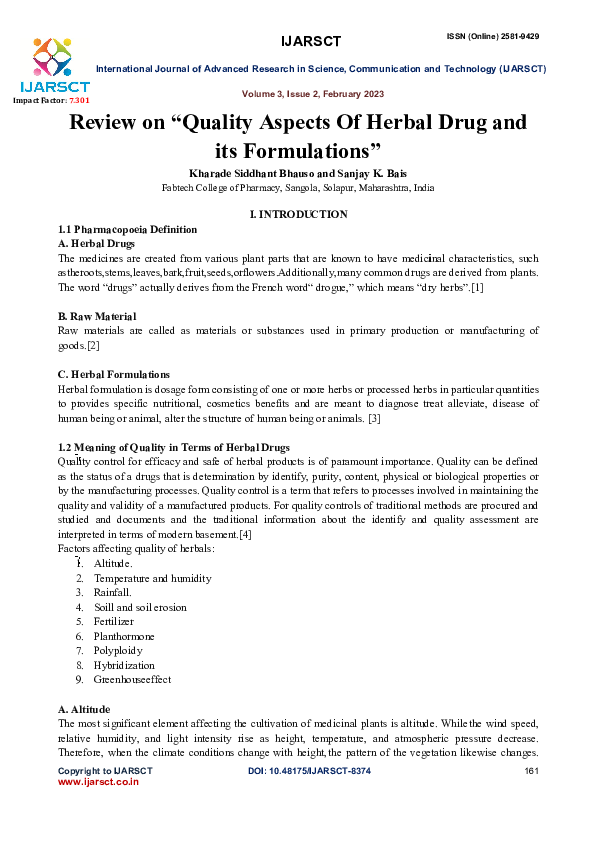 (PDF) Review on “Quality Aspects Of Herbal Drug and its Formulations”