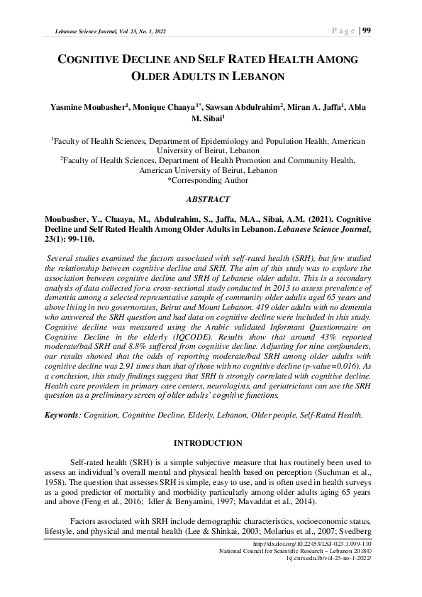 (PDF) Cognitive Decline and Self Rated Health Among Older Adults in Lebanon