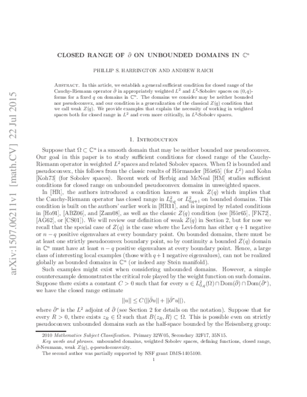 (PDF) Closed range of ∂̅ on unbounded domains in C^n