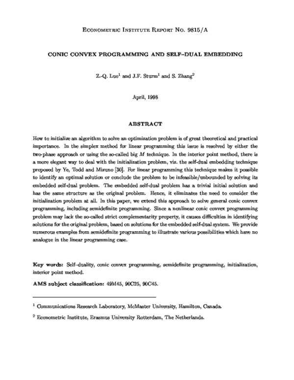 (PDF) Conic convex programming and self-dual embedding