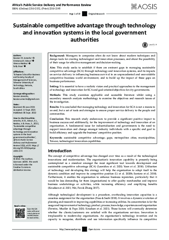 (PDF) Sustainable competitive advantage through technology and ...