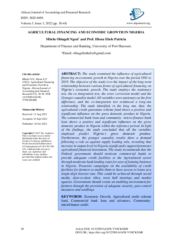 (PDF) Agricultural Financing and Economic Growth in Nigeria