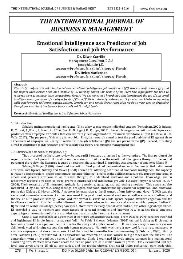 (PDF) Emotional Intelligence as a Predictor of Job Satisfaction and Job ...