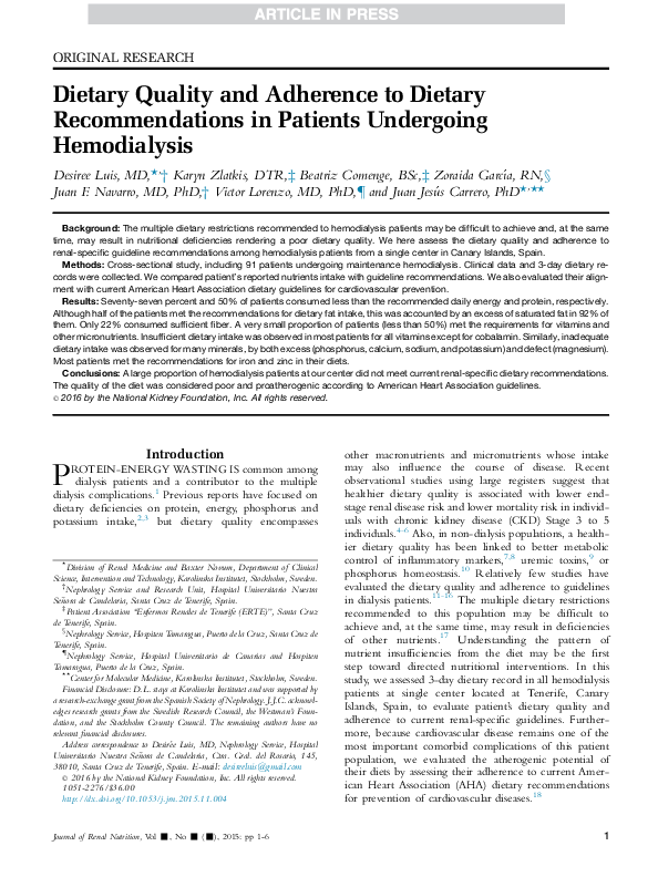 Dietary Quality and Adherence to Dietary Recommendations in Patients Undergoing Hemodialysis