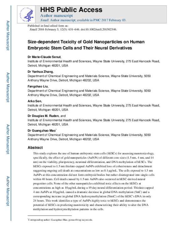 (PDF) Size-Dependent Toxicity of Gold Nanoparticles on Human Embryonic ...
