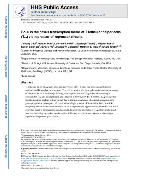 (PDF) Bcl-6 is the nexus transcription factor of T follicular helper ...