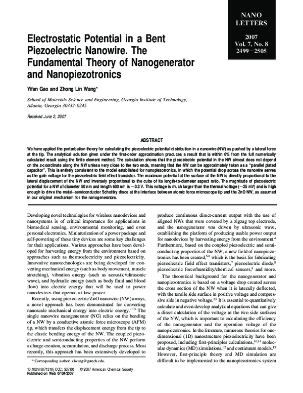 (PDF) Electrostatic Potential in a Bent Piezoelectric Nanowire. The ...